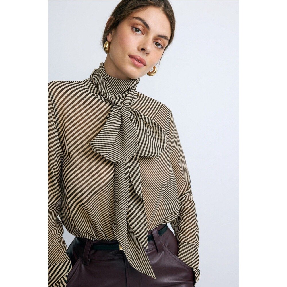 Ronny Kobo RTR Sheer Tie Neck Blouse Striped Chiffon bow Top Long Sleeve size L